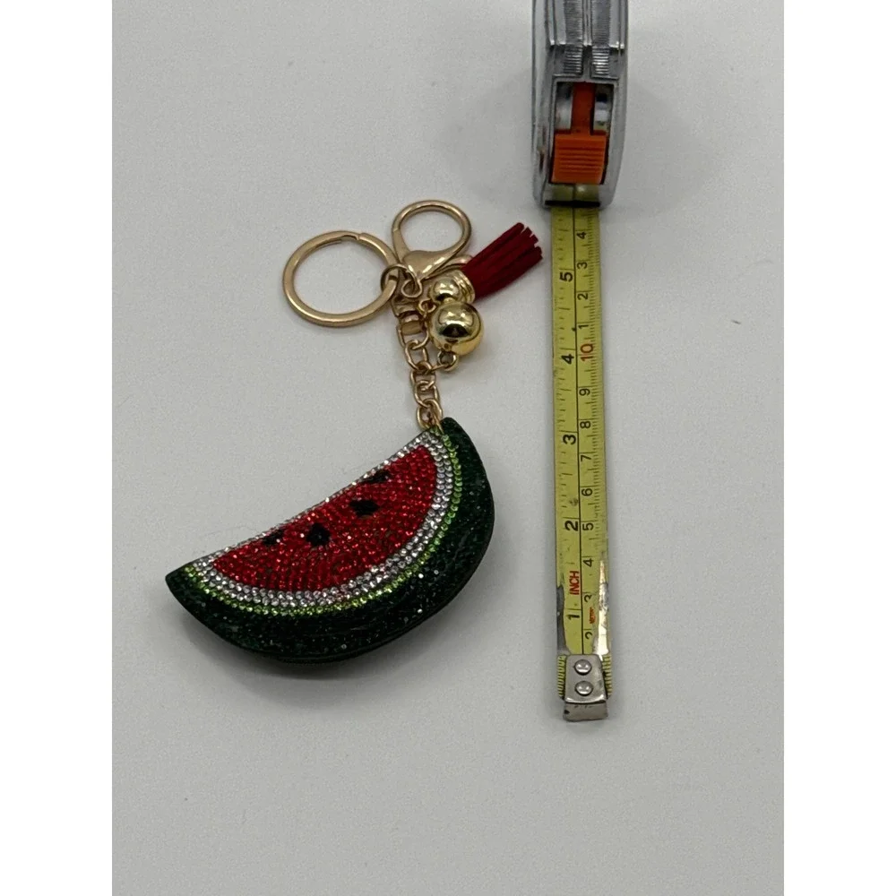Watermelon Rhinestone Keychain Bag Charm Red Green Fruit Tassel Gold Tone